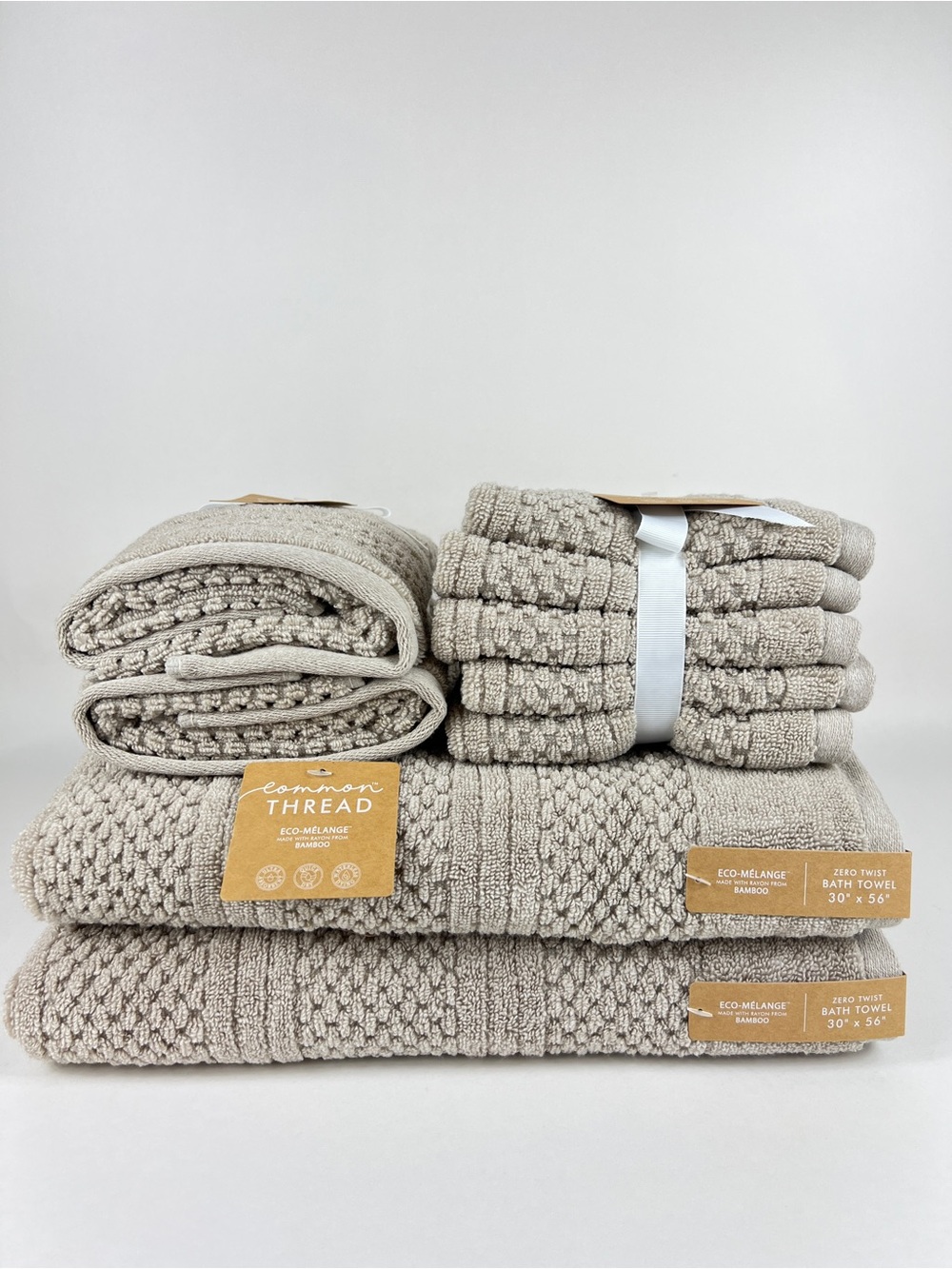 Common Thread Bath Towel Set Bamboo Eco Melange Tan Zero Twist Cotton 9 Pc NEW
